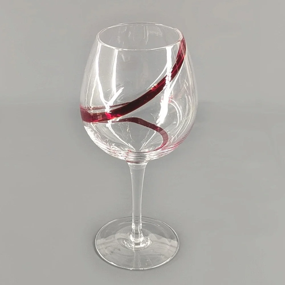 Pier 1 Red Ribbon Swirl Clear Glass Wine Goblet Hand Blown Balloon Stemware